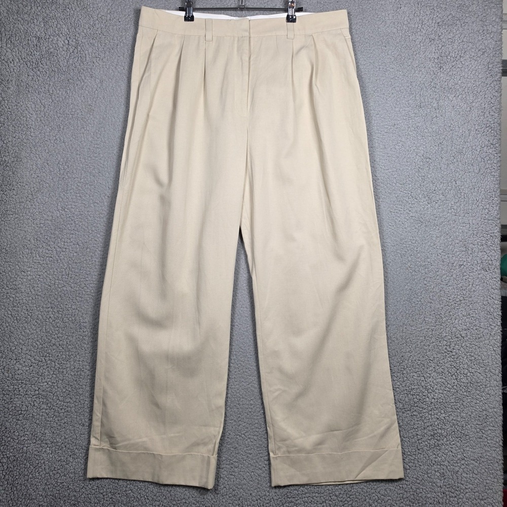 H&M Pants Womens Size 16 Beige‎ Khaki Pleated Cuffed Office Wide Leg Full Length